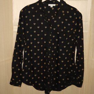Beach Lunch Lounge Black Tan Heart Print Blouse Medium